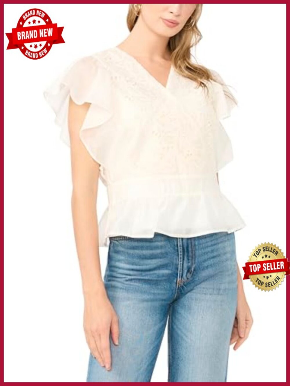 Flutter Sleeve Lace Front Wrap Peplum Top - 100% Polyester